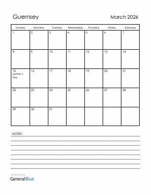 Current month calendar with Guernsey holidays for March 2026