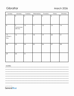 Current month calendar with Gibraltar holidays for March 2026