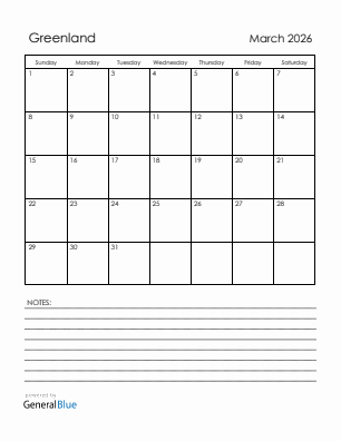 Current month calendar with Greenland holidays for March 2026