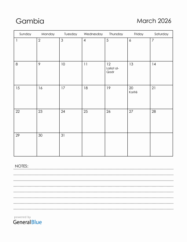 March 2026 Gambia Calendar with Holidays (Sunday Start)