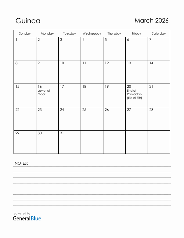 March 2026 Guinea Calendar with Holidays (Sunday Start)