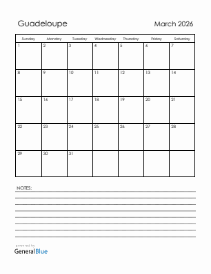 Current month calendar with Guadeloupe holidays for March 2026