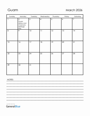 Current month calendar with Guam holidays for March 2026