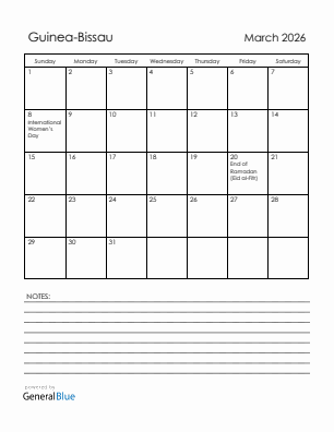 Current month calendar with Guinea-Bissau holidays for March 2026