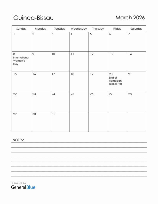 March 2026 Guinea-Bissau Calendar with Holidays (Sunday Start)
