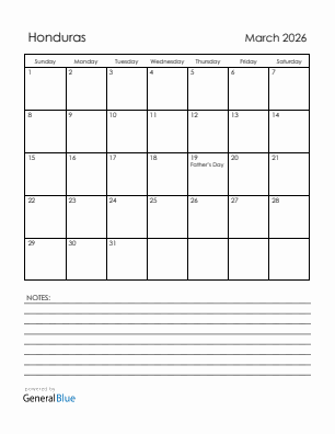 Current month calendar with Honduras holidays for March 2026