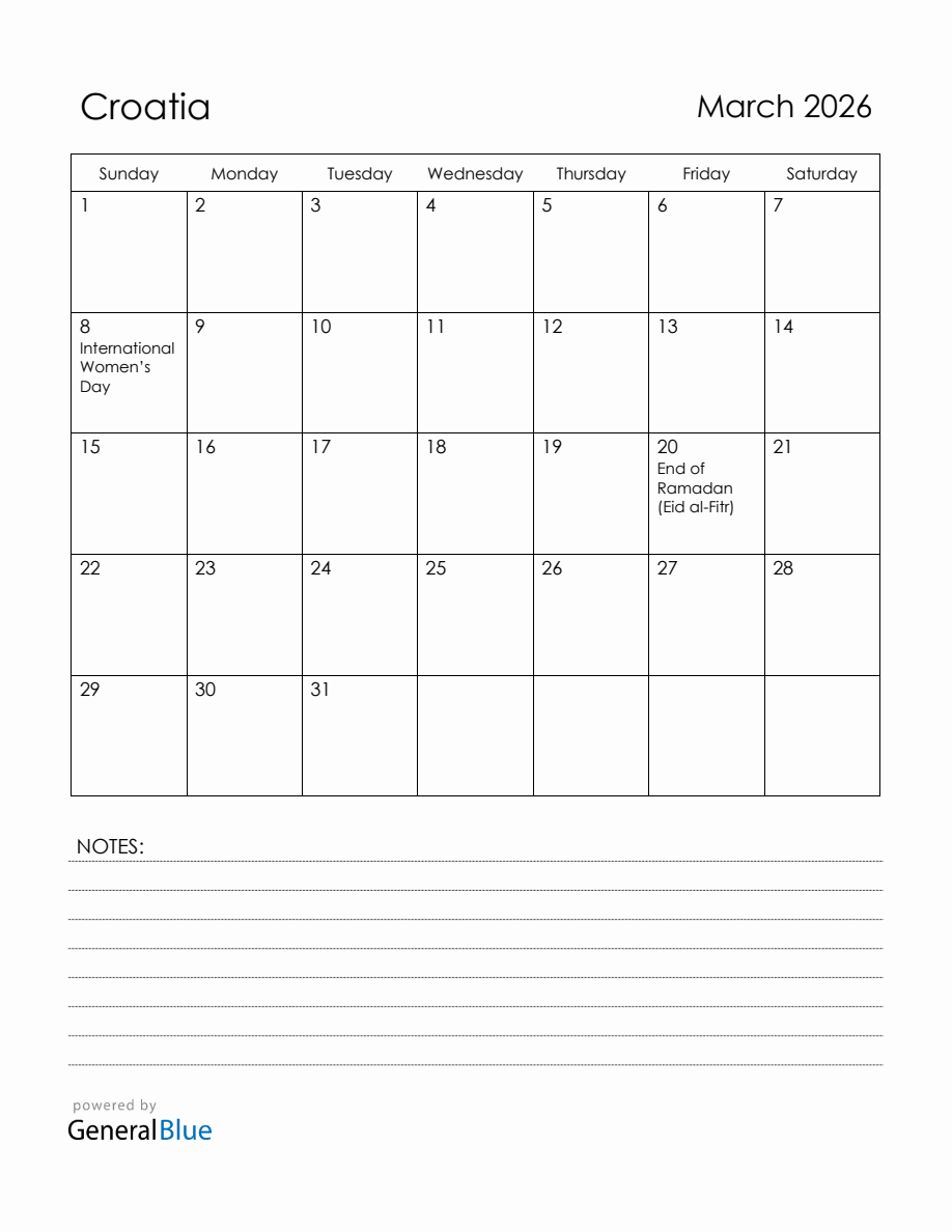 March 2026 Croatia Calendar with Holidays