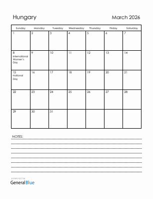 Current month calendar with Hungary holidays for March 2026