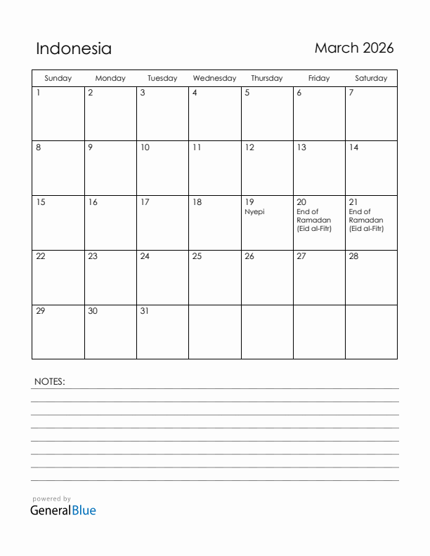 March 2026 Indonesia Calendar with Holidays (Sunday Start)