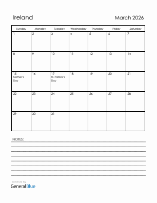 Current month calendar with Ireland holidays for March 2026