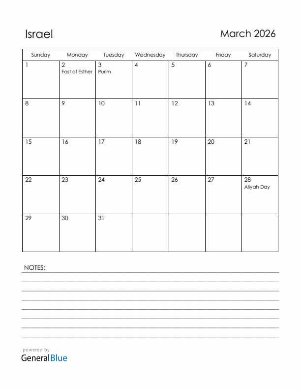 March 2026 Israel Calendar with Holidays (Sunday Start)