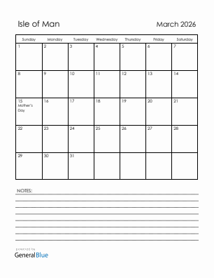 Current month calendar with Isle of Man holidays for March 2026