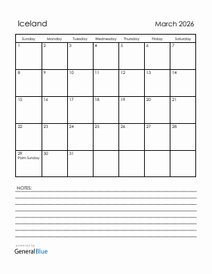 Current month calendar with Iceland holidays for March 2026