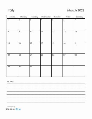 Current month calendar with Italy holidays for March 2026
