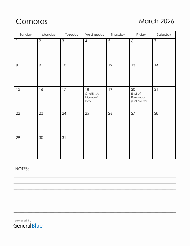 March 2026 Comoros Calendar with Holidays (Sunday Start)