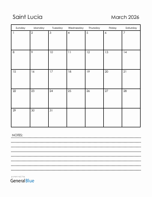 Current month calendar with Saint Lucia holidays for March 2026
