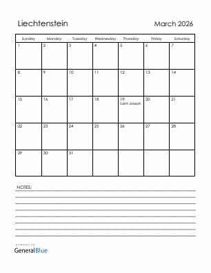 Current month calendar with Liechtenstein holidays for March 2026