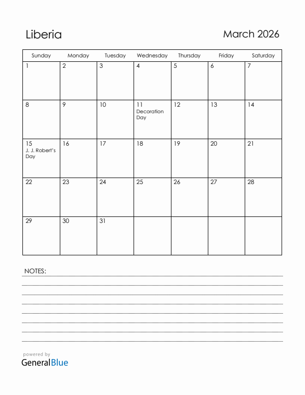 March 2026 Liberia Calendar with Holidays (Sunday Start)