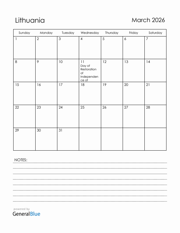 March 2026 Lithuania Calendar with Holidays (Sunday Start)