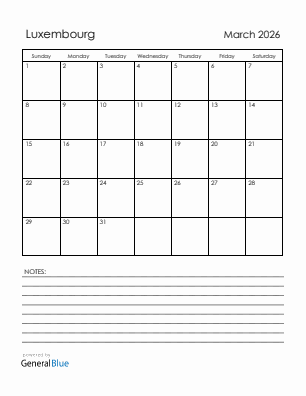 Current month calendar with Luxembourg holidays for March 2026