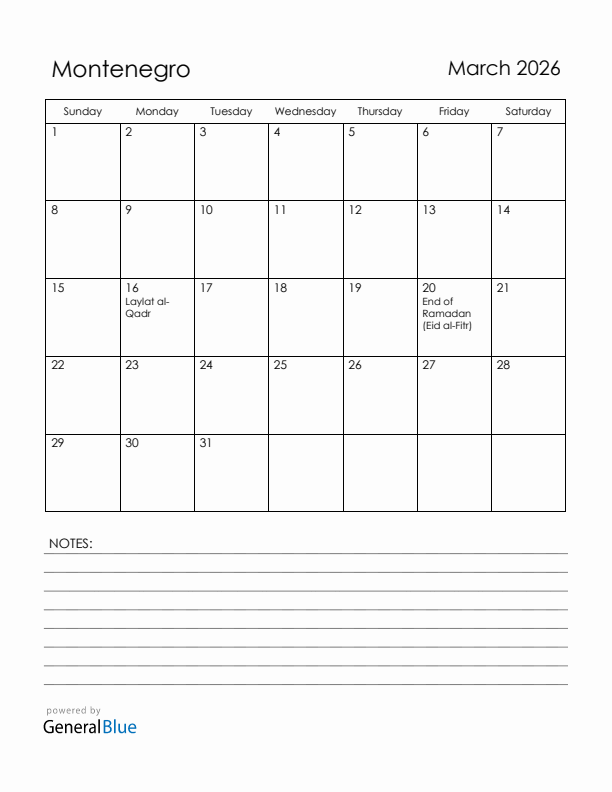 March 2026 Montenegro Calendar with Holidays (Sunday Start)