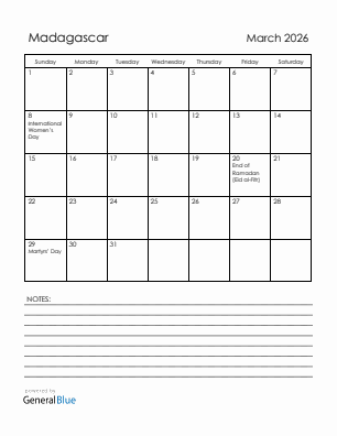 Current month calendar with Madagascar holidays for March 2026