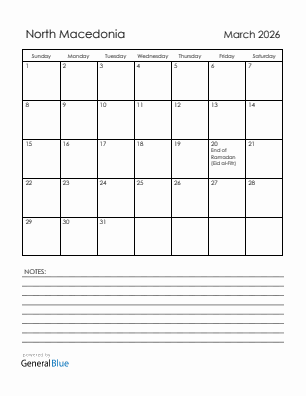 Current month calendar with North Macedonia holidays for March 2026