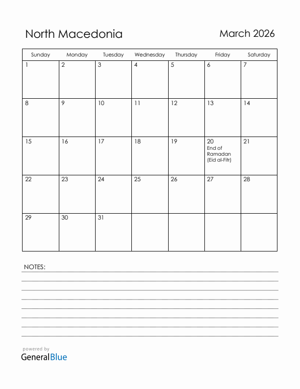 March 2026 North Macedonia Calendar with Holidays (Sunday Start)