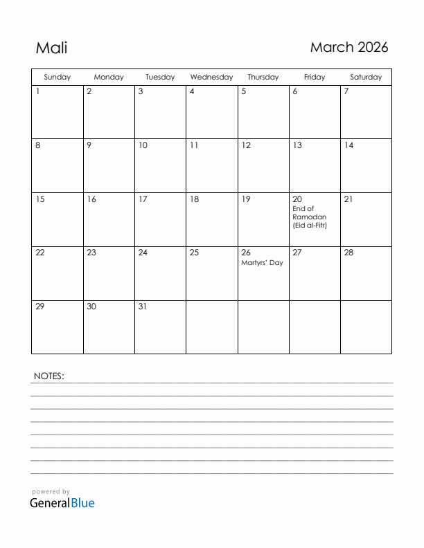 March 2026 Mali Calendar with Holidays (Sunday Start)