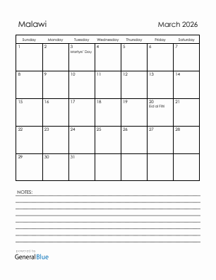Current month calendar with Malawi holidays for March 2026