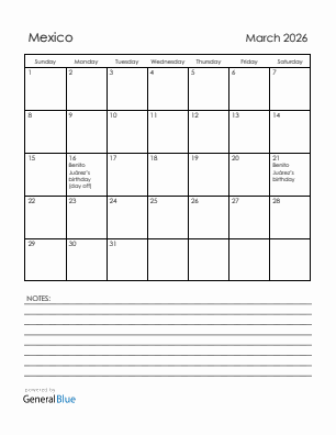 Current month calendar with Mexico holidays for March 2026