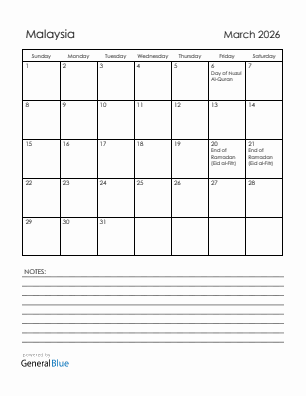 Current month calendar with Malaysia holidays for March 2026