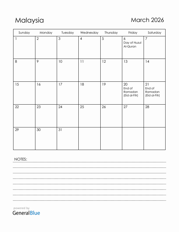 March 2026 Malaysia Calendar with Holidays (Sunday Start)