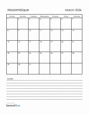 Current month calendar with Mozambique holidays for March 2026