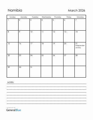 Current month calendar with Namibia holidays for March 2026