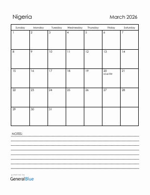 Current month calendar with Nigeria holidays for March 2026