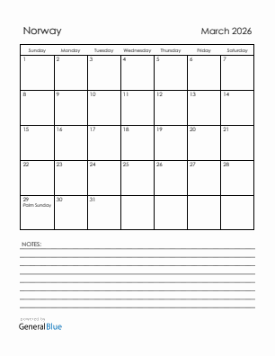 Current month calendar with Norway holidays for March 2026