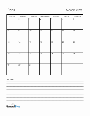 Current month calendar with Peru holidays for March 2026