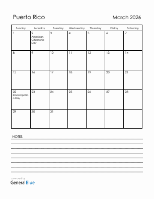 Current month calendar with Puerto Rico holidays for March 2026