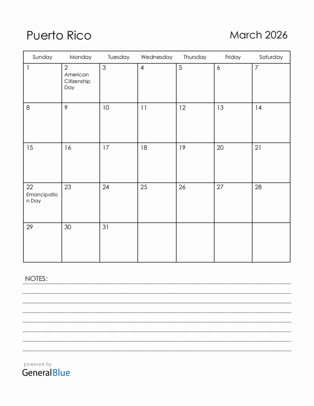 March 2026 Puerto Rico Calendar with Holidays (Sunday Start)
