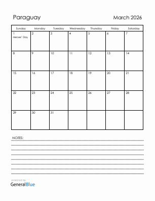 Current month calendar with Paraguay holidays for March 2026
