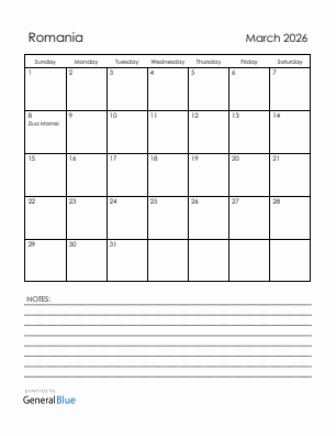 Current month calendar with Romania holidays for March 2026