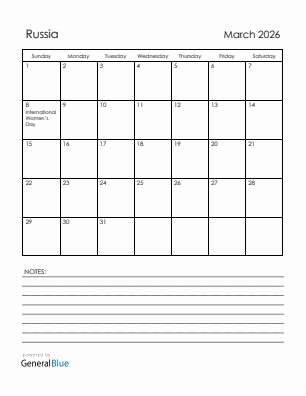 Current month calendar with Russia holidays for March 2026