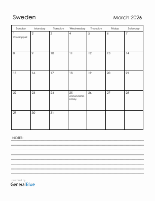 Current month calendar with Sweden holidays for March 2026