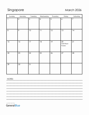 Current month calendar with Singapore holidays for March 2026