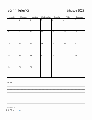 Current month calendar with Saint Helena holidays for March 2026