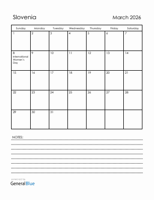 Current month calendar with Slovenia holidays for March 2026