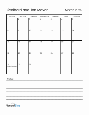 Current month calendar with Svalbard and Jan Mayen holidays for March 2026