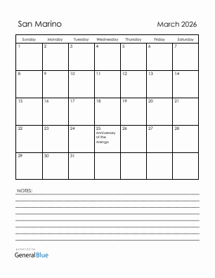 Current month calendar with San Marino holidays for March 2026