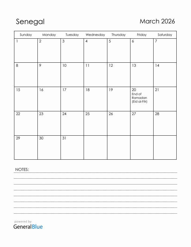 March 2026 Senegal Calendar with Holidays (Sunday Start)